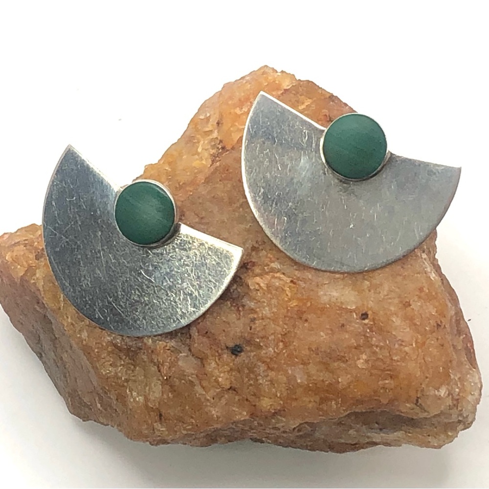 Vintage Malachite Cabochon Sterling Silver Half Moon Pierced Earrings